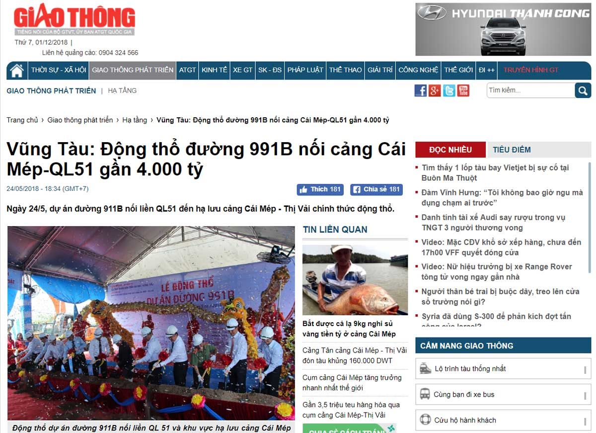 Động thổ đường 991B nối cảng Cái Mép-QL51 Động thổ đường 991B nối cảng Cái Mép-QL51